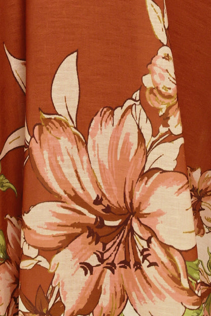 AUTUMN HARVEST PETALS TERRACOTTA FLORAL MIDI DRESS