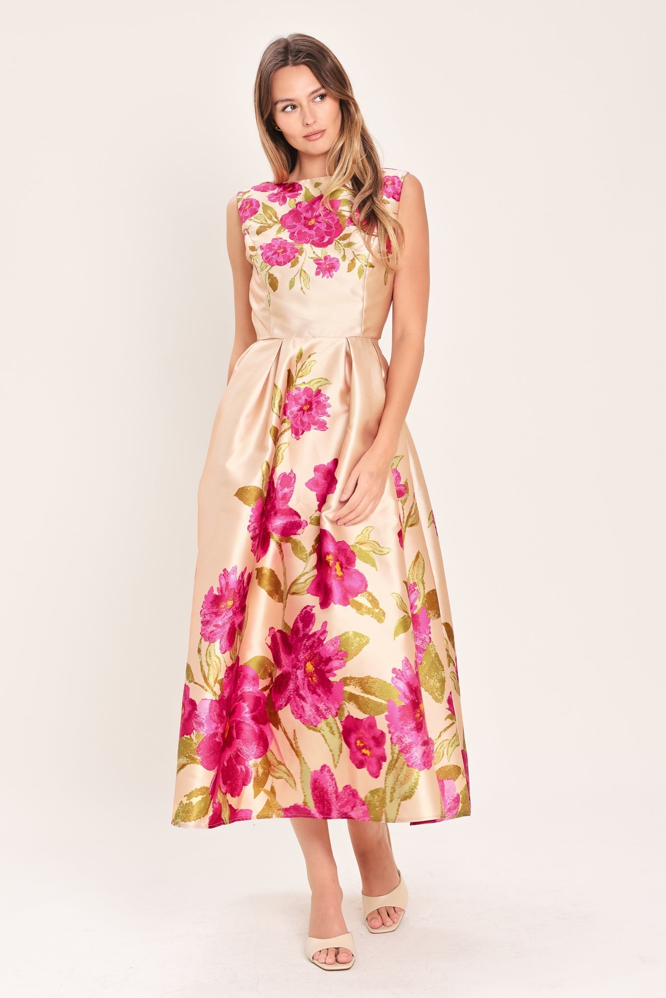 SOFT SATIN FLORAL PINK MIDI DRESS