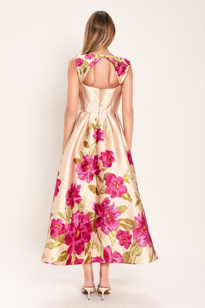 SOFT SATIN FLORAL PINK MIDI DRESS