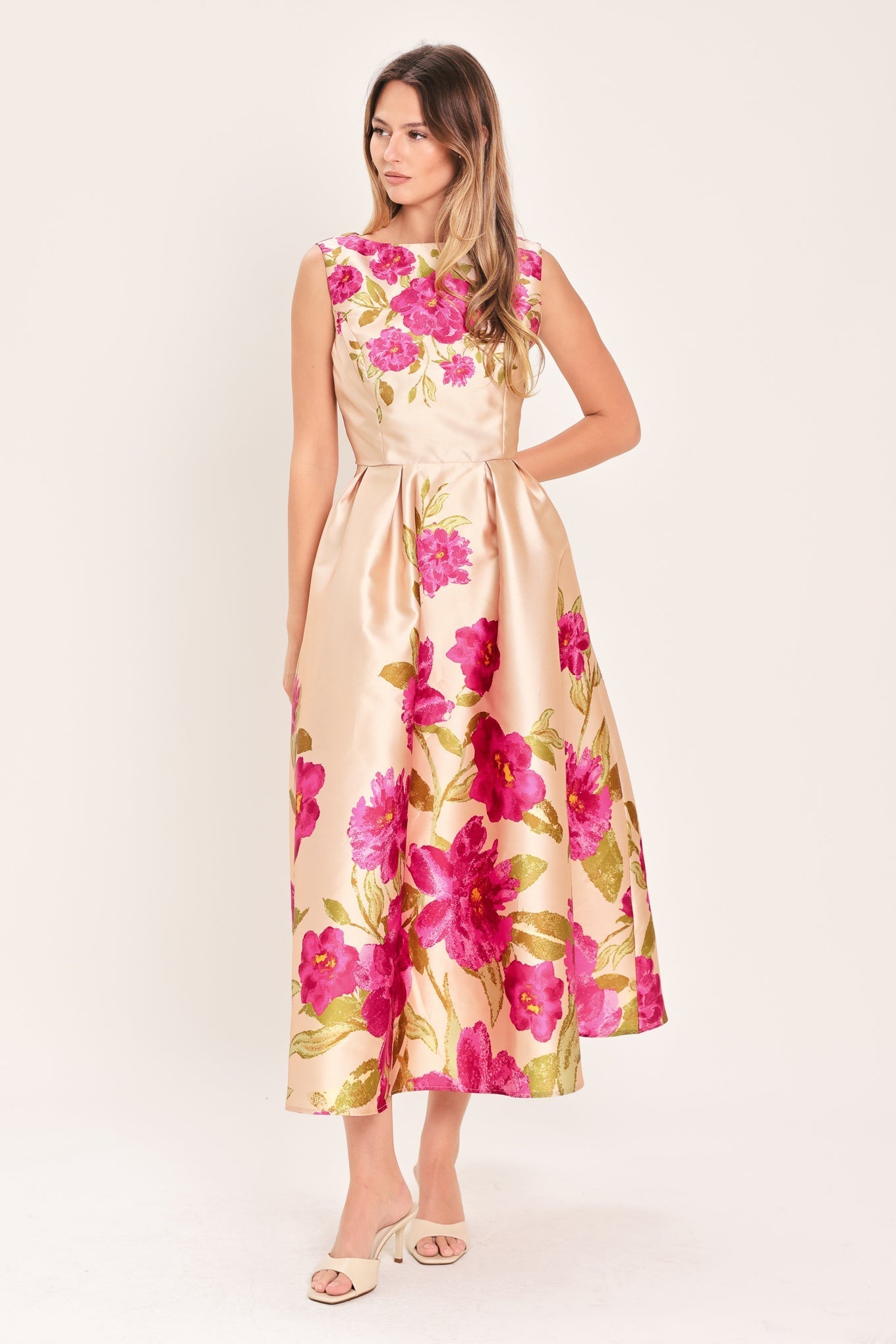 SOFT SATIN FLORAL PINK MIDI DRESS FINAL