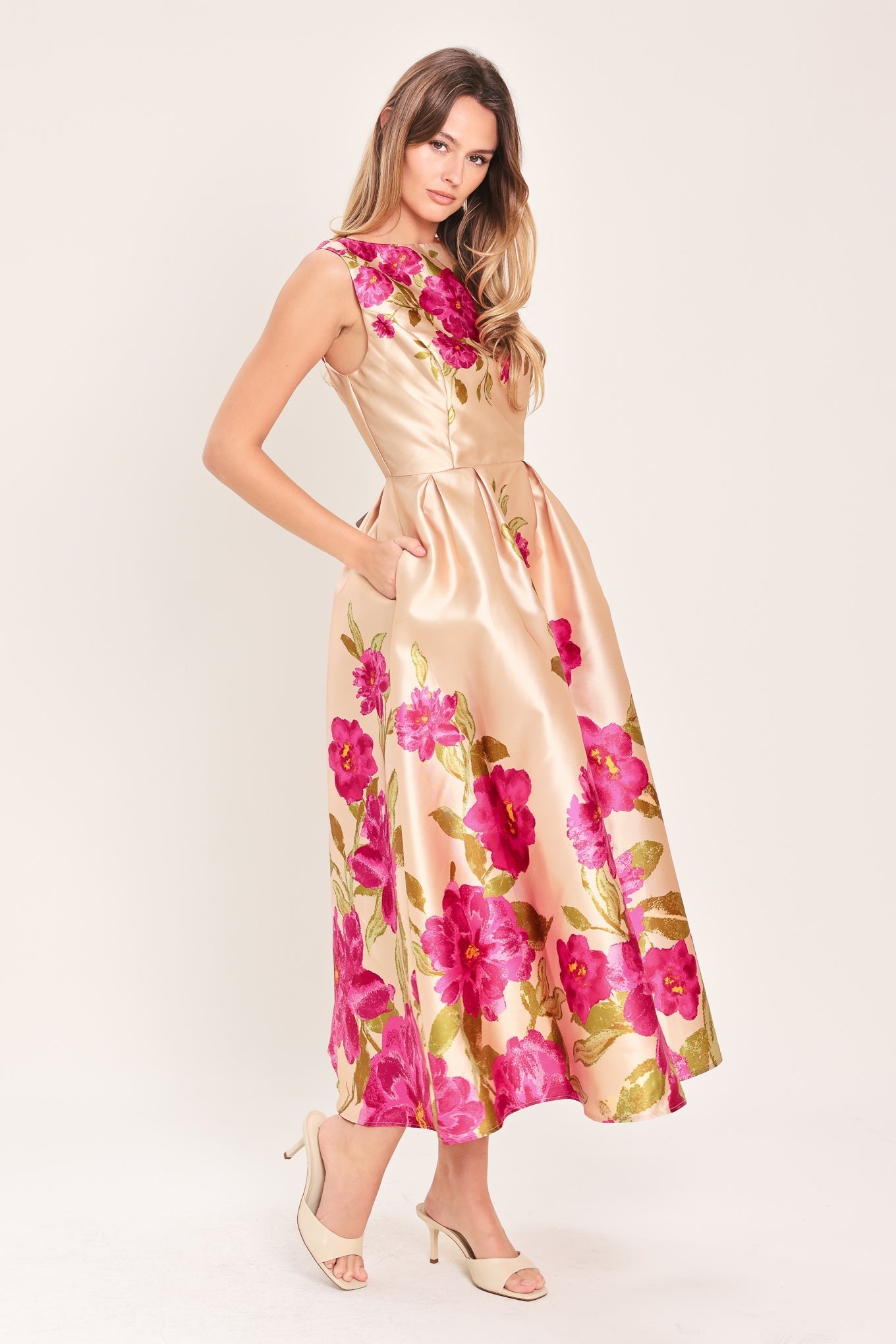 SOFT SATIN FLORAL PINK MIDI DRESS