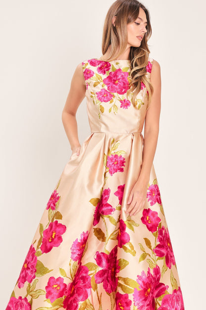 SOFT SATIN FLORAL PINK MIDI DRESS