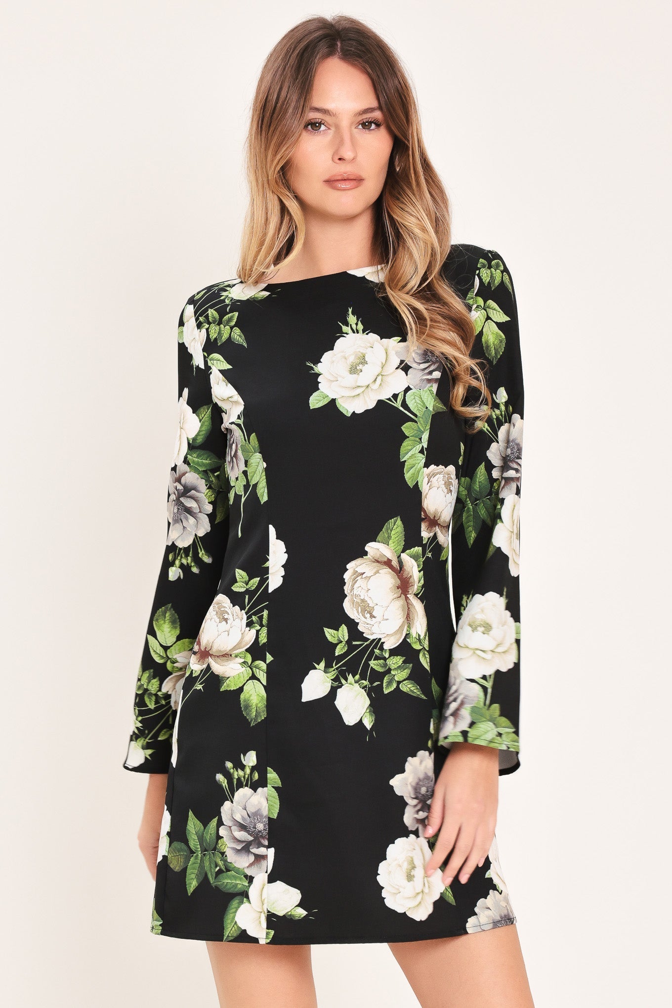 WHISPERING ROSES BLACK MINI DRESS