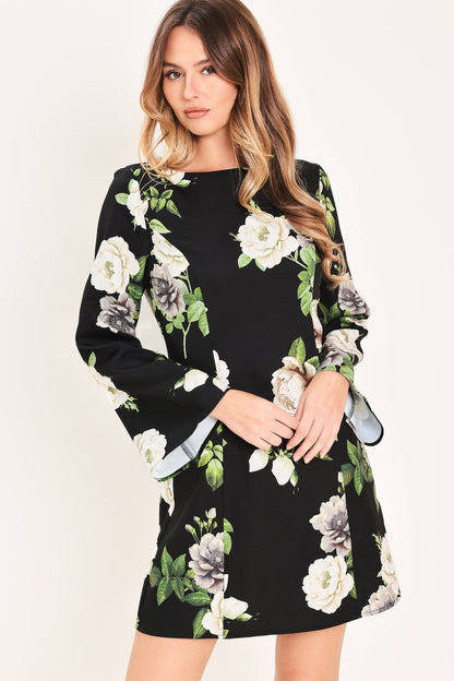 WHISPERING ROSES BLACK MINI DRESS