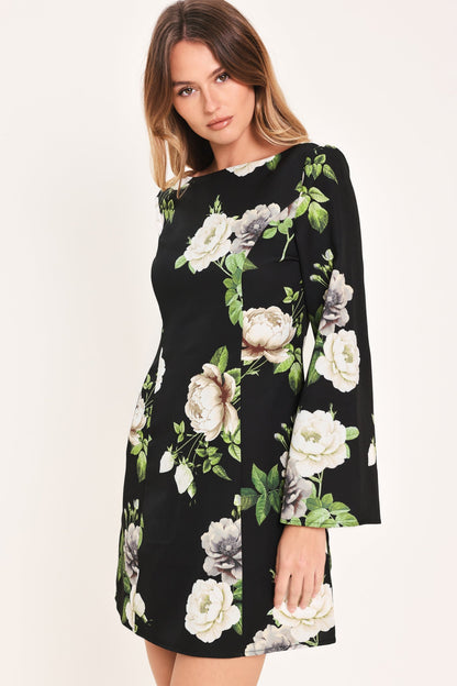 WHISPERING ROSES BLACK MINI DRESS