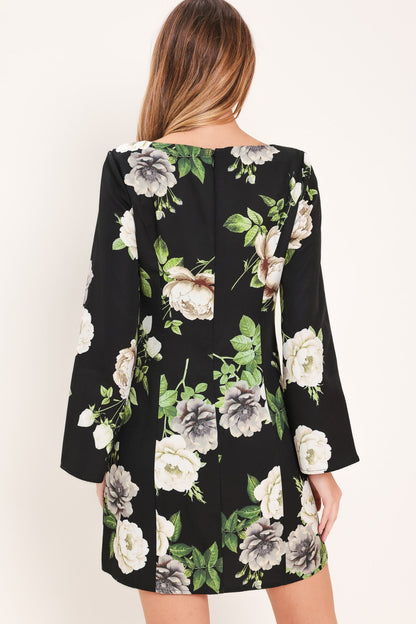 WHISPERING ROSES BLACK MINI DRESS