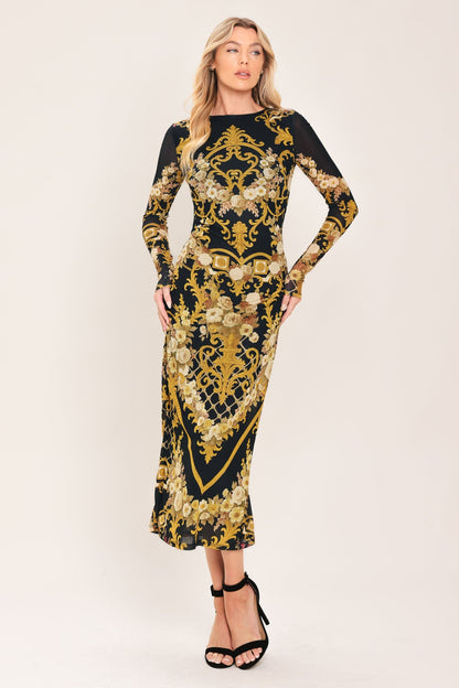 BAROQUE ROSES LONG SLEEVE POWER MESH MIDI DRESS