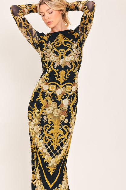 BAROQUE ROSES LONG SLEEVE POWER MESH MIDI DRESS