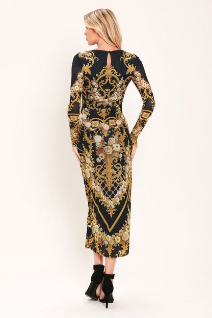BAROQUE ROSES LONG SLEEVE POWER MESH MIDI DRESS