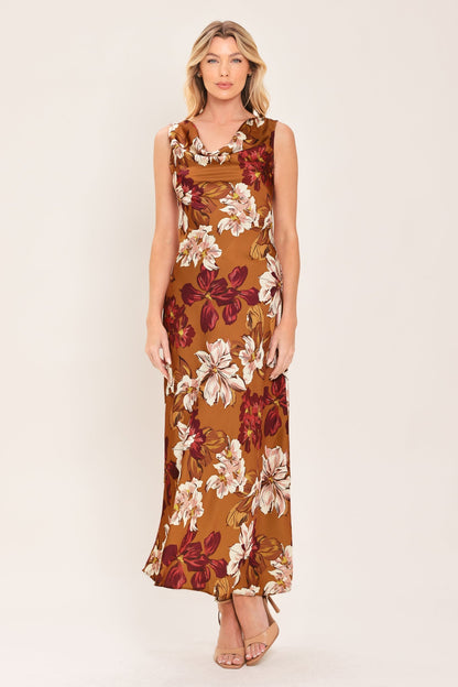 CARAMEL SPICE FLORAL COWL MIDI DRESS