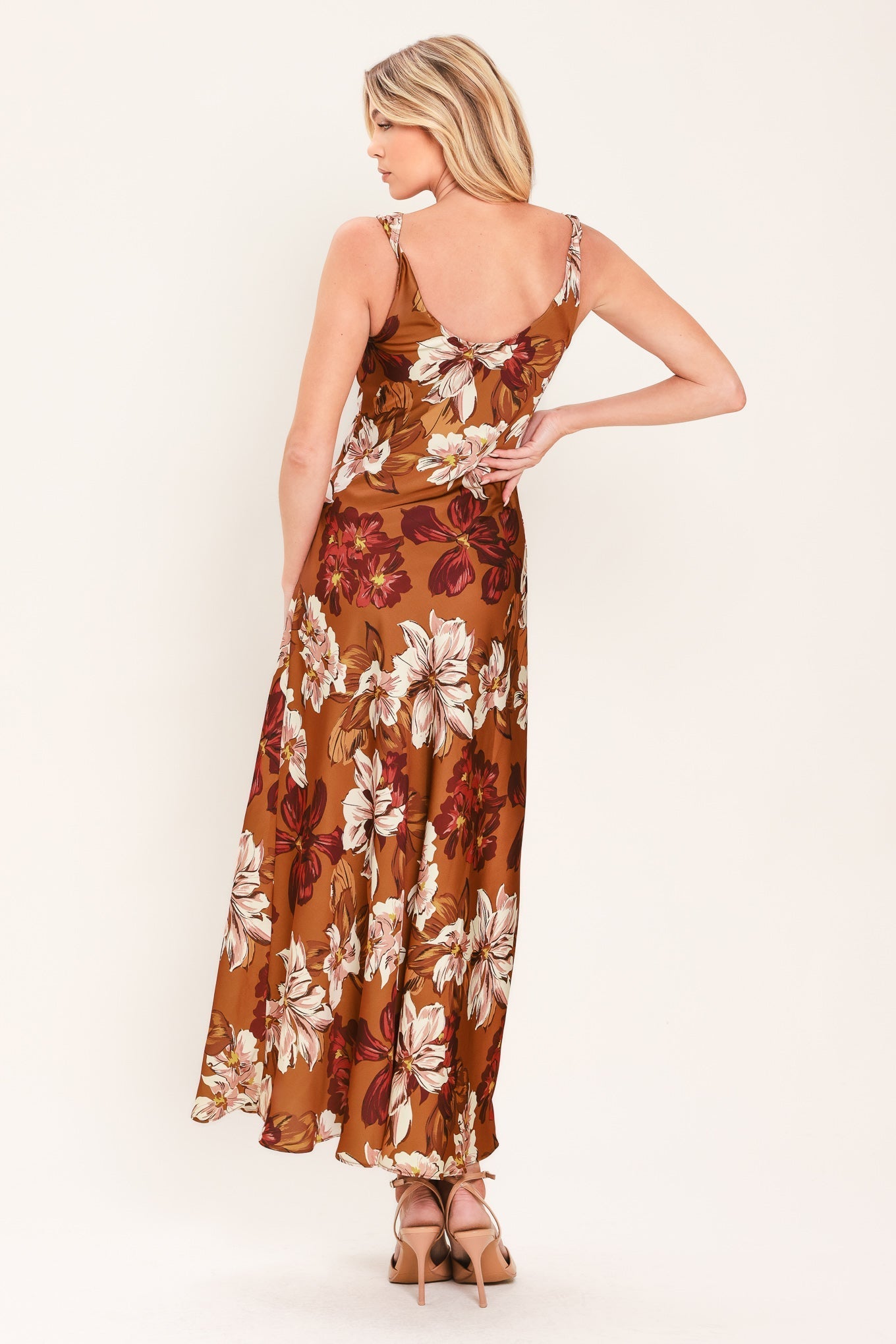 CARAMEL SPICE FLORAL COWL MIDI DRESS