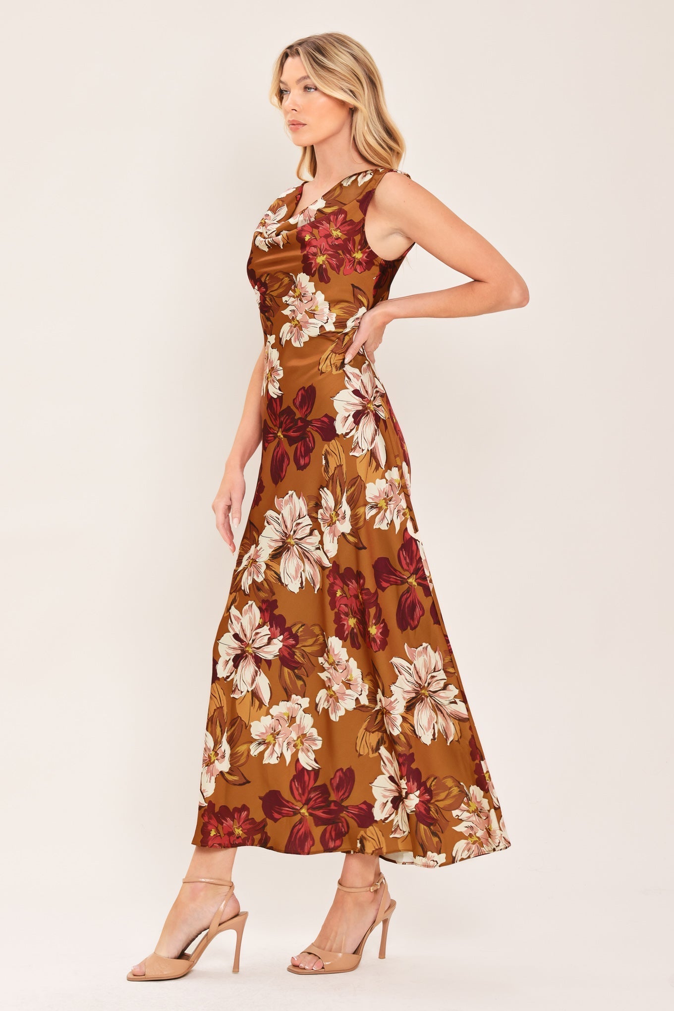 CARAMEL SPICE FLORAL COWL MIDI DRESS