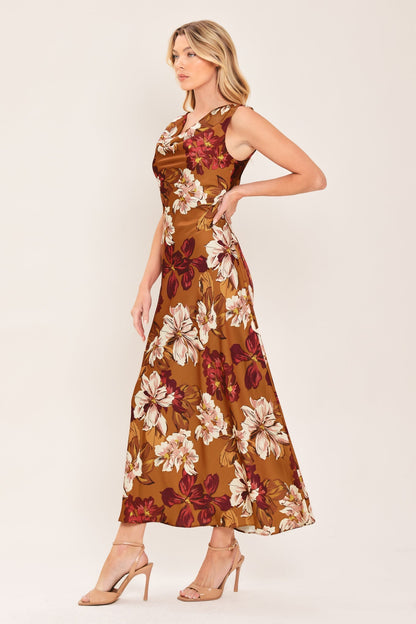 CARAMEL SPICE FLORAL COWL MIDI DRESS
