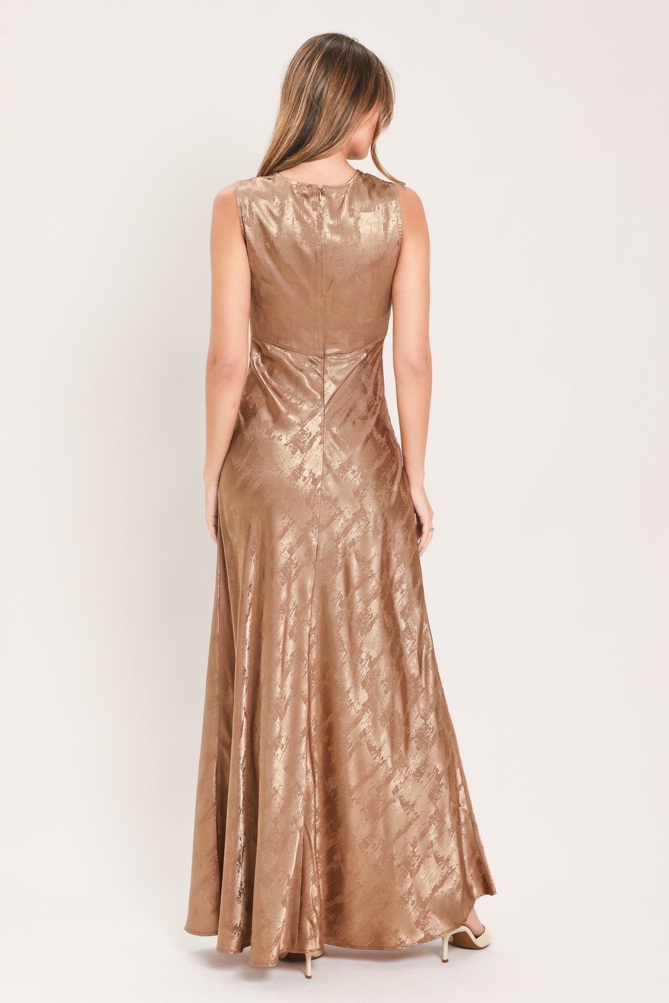 CHAMPAGNE KISS DRAPED COWL METALLIC MAXI DRESS