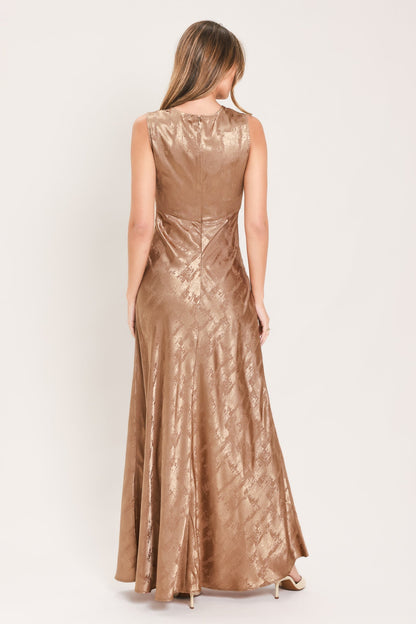 CHAMPAGNE KISS DRAPED COWL METALLIC MAXI DRESS