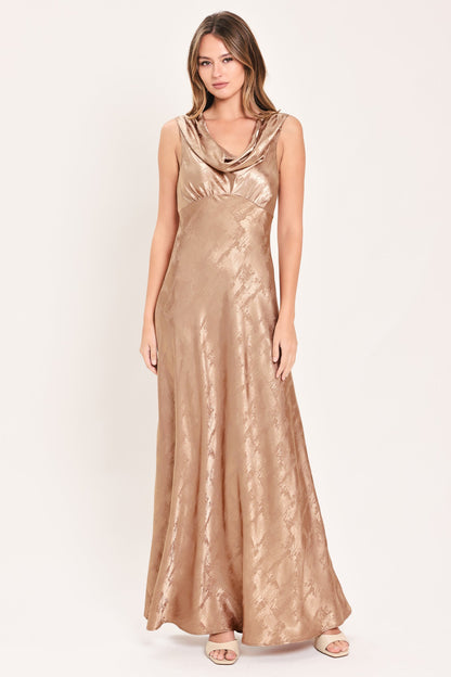 CHAMPAGNE KISS DRAPED COWL METALLIC MAXI DRESS