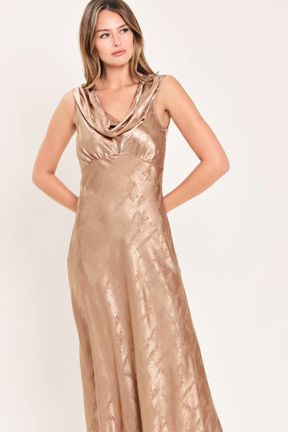 CHAMPAGNE KISS DRAPED COWL METALLIC MAXI DRESS