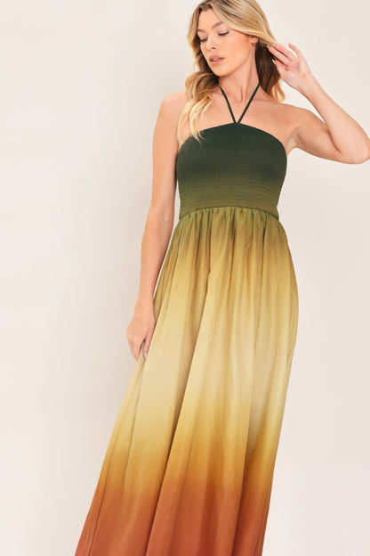 FALL SUNSET OMBRE HALTER MAXI DRESS