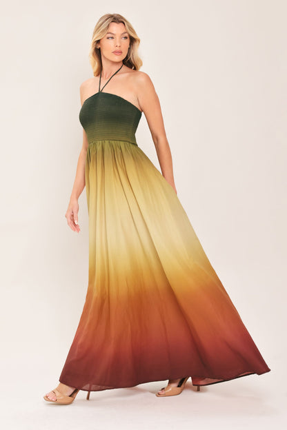 FALL SUNSET OMBRE HALTER MAXI DRESS