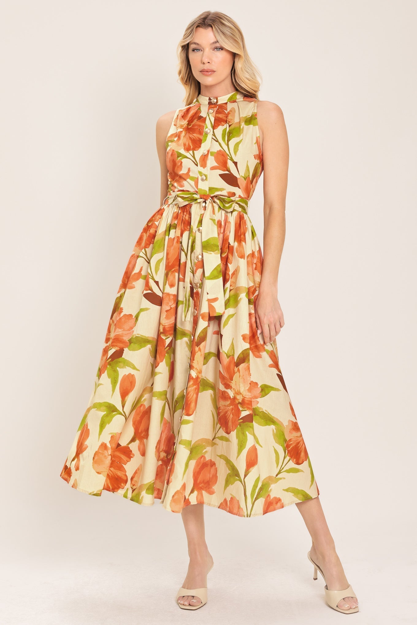 Apricot Sunset Midi Dress Floral Button-Front Dress