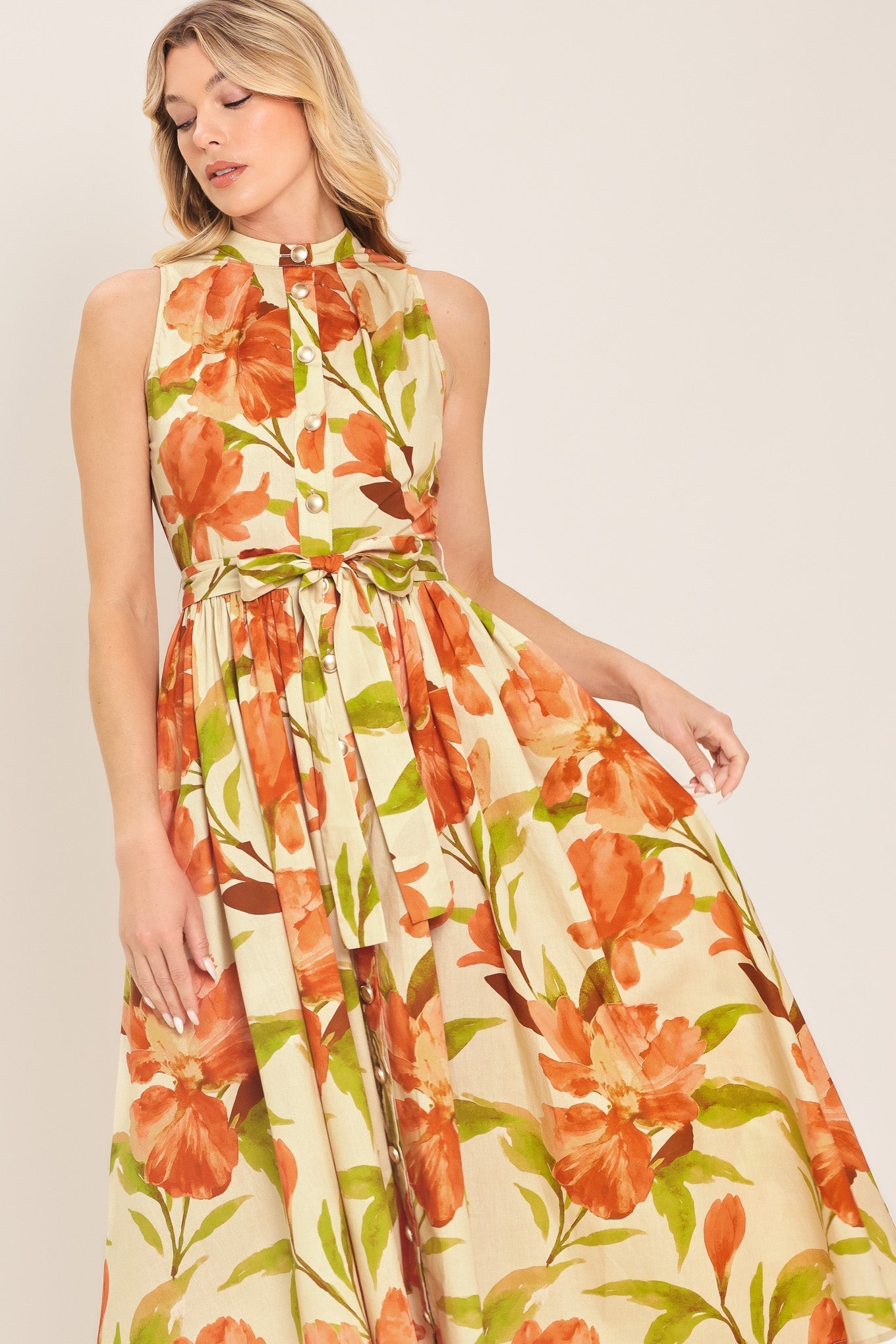 Apricot Sunset Midi Dress Floral Button-Front Dress