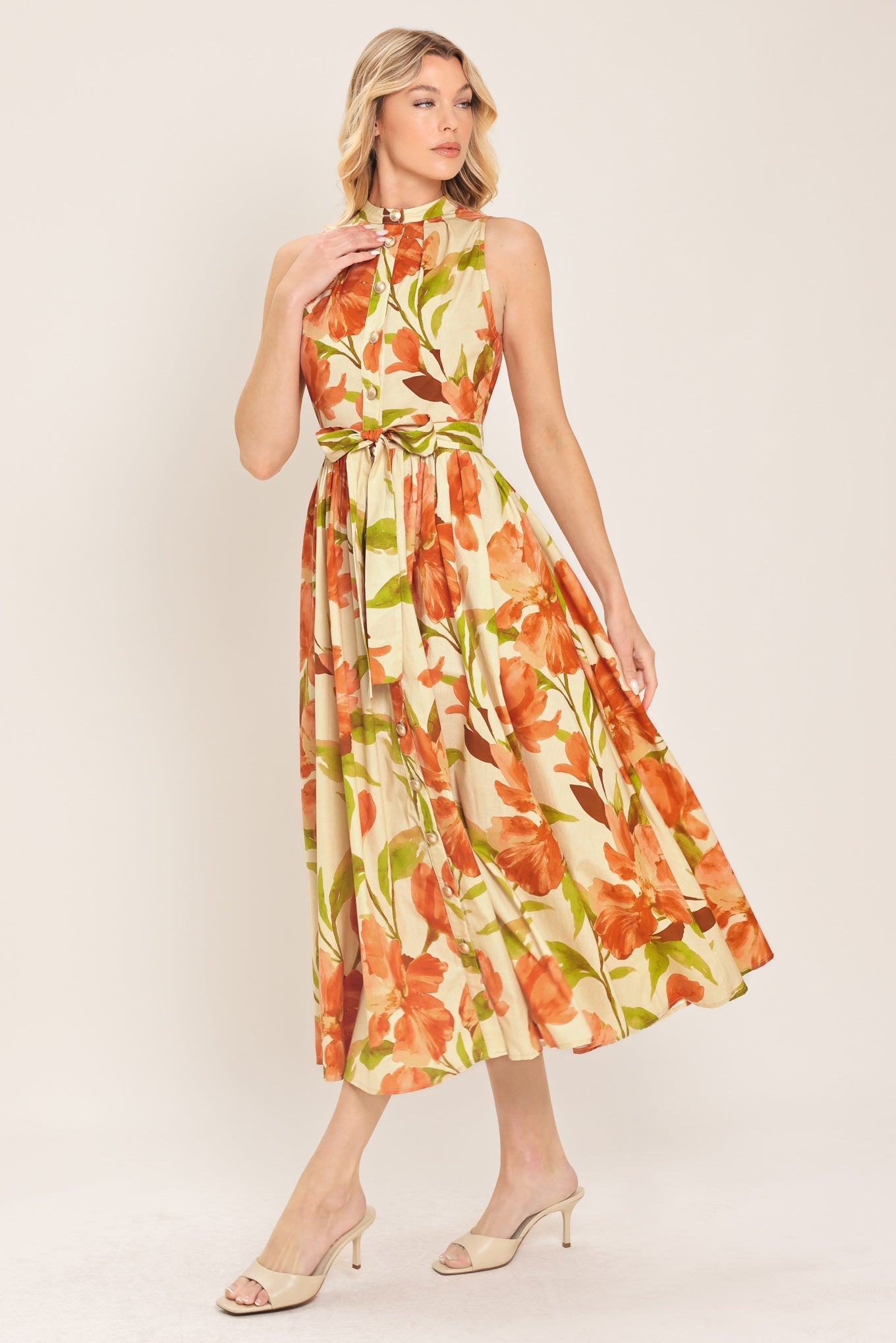 Apricot Sunset Midi Dress Floral Button-Front Dress