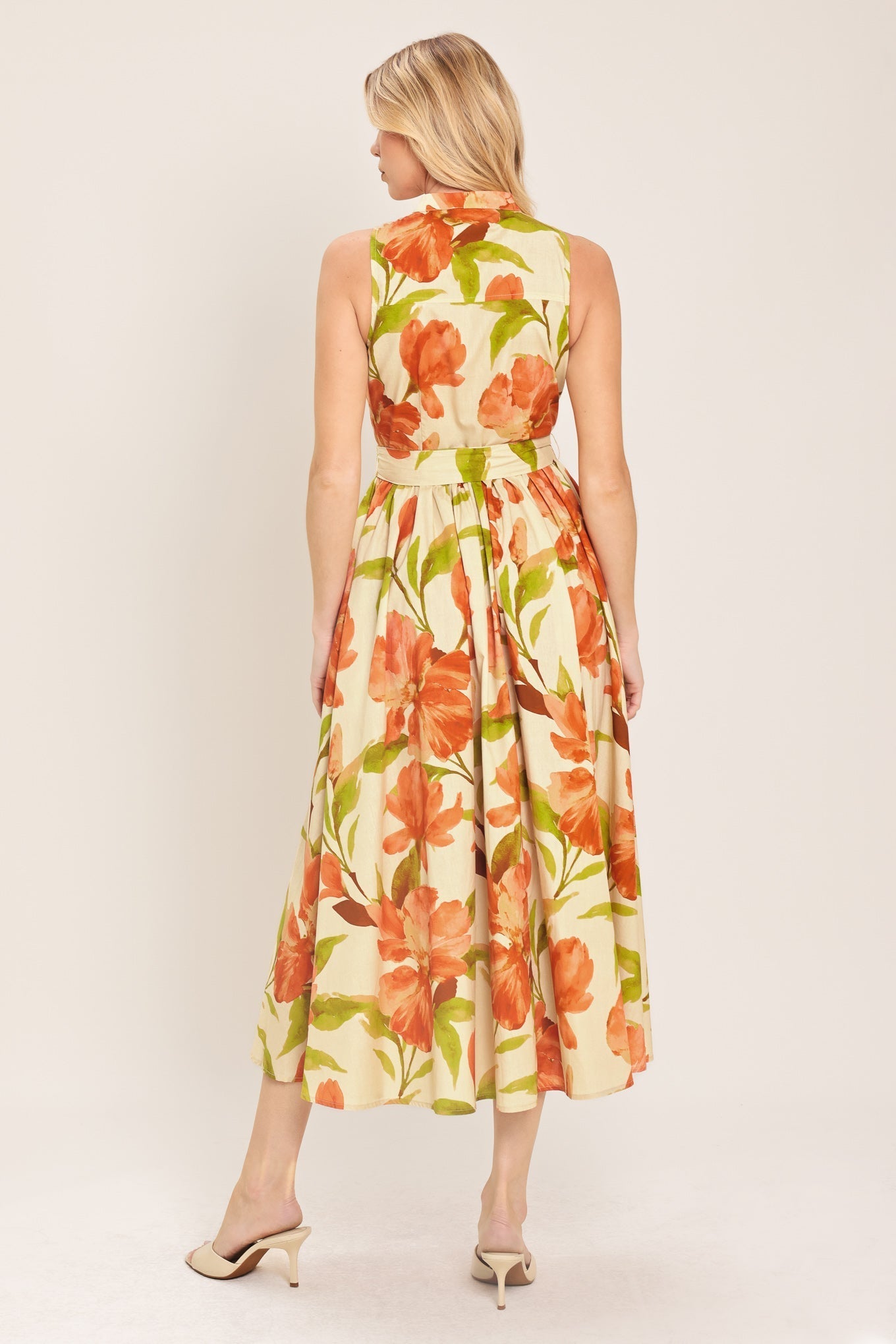 Apricot Sunset Midi Dress Floral Button-Front Dress