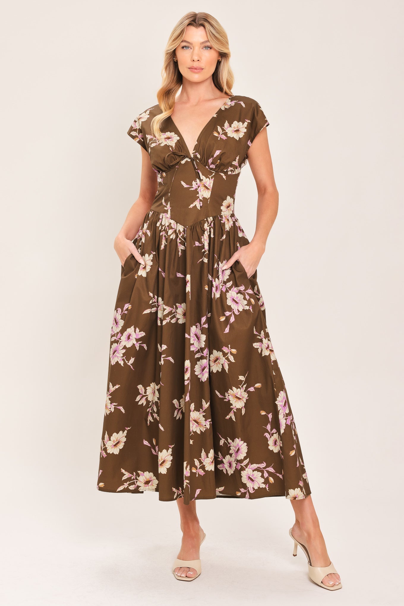 HARVEST MOON BROWN FLORAL MIDI DRESS