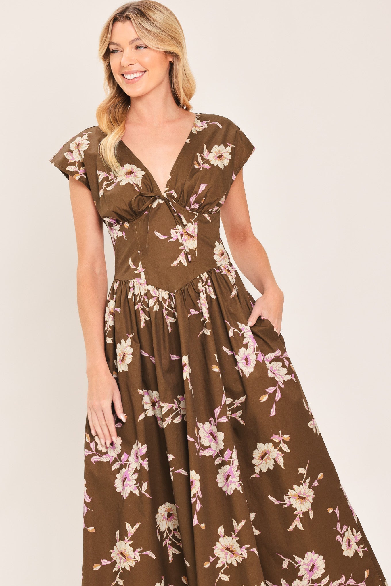 HARVEST MOON BROWN FLORAL MIDI DRESS