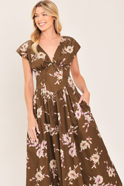 HARVEST MOON BROWN FLORAL MIDI DRESS