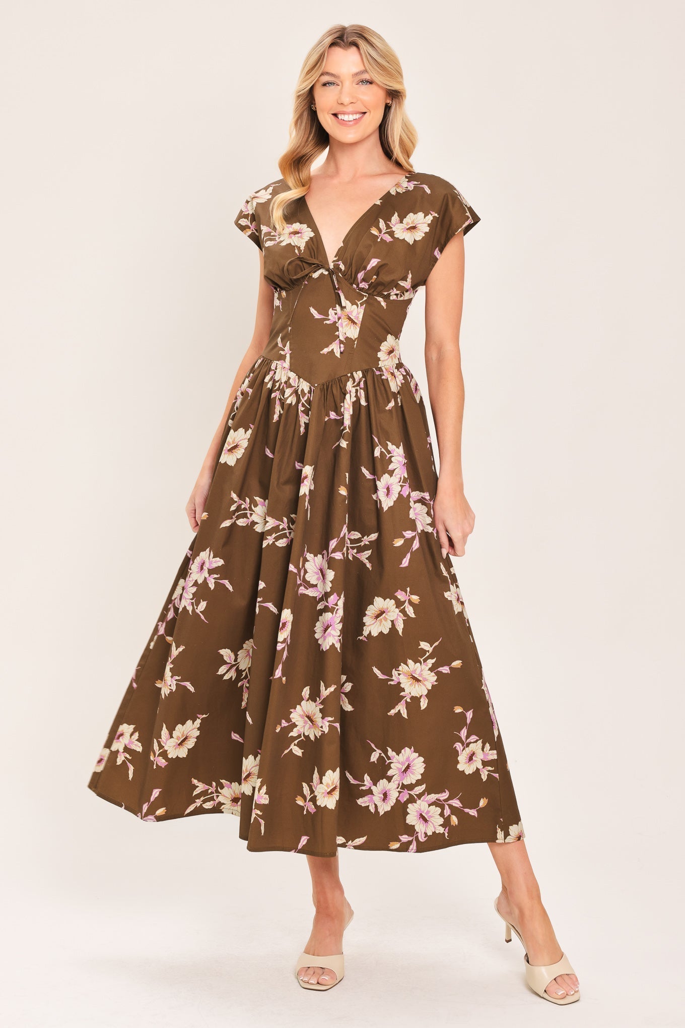 HARVEST MOON BROWN FLORAL MIDI DRESS