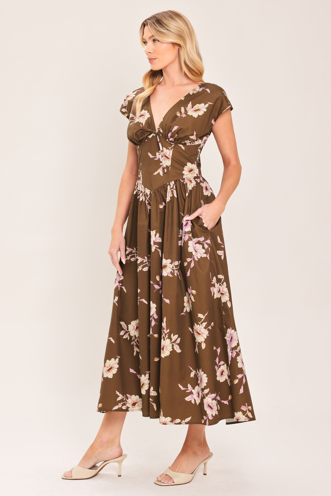 HARVEST MOON BROWN FLORAL MIDI DRESS