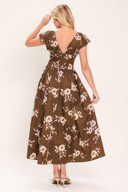 HARVEST MOON BROWN FLORAL MIDI DRESS