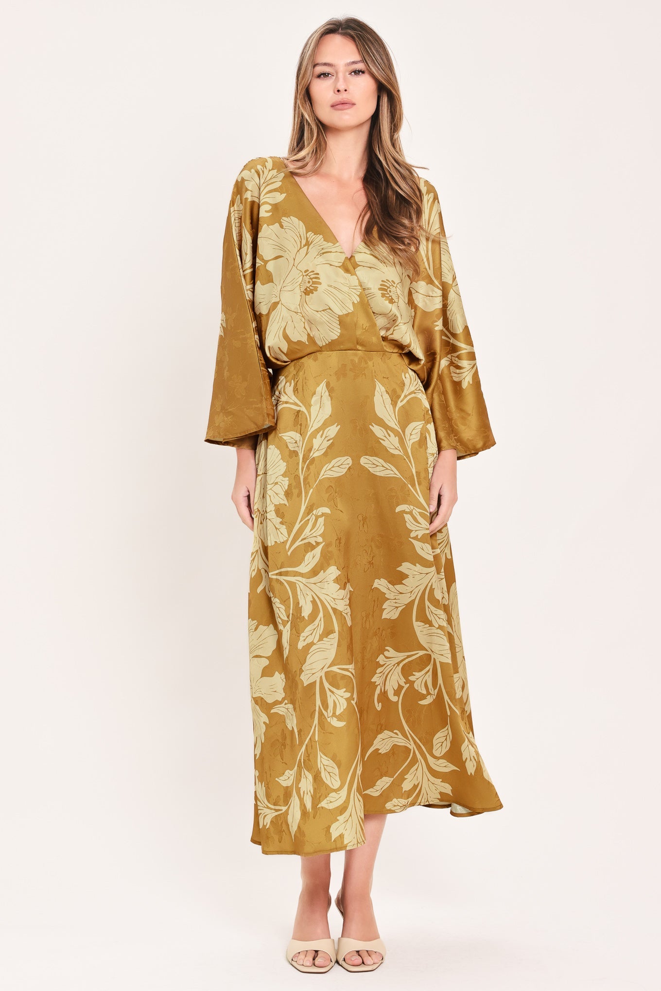 BUTTERSCOTCH BLOSSOM KIMONO SLEEVE MIDI DRESS