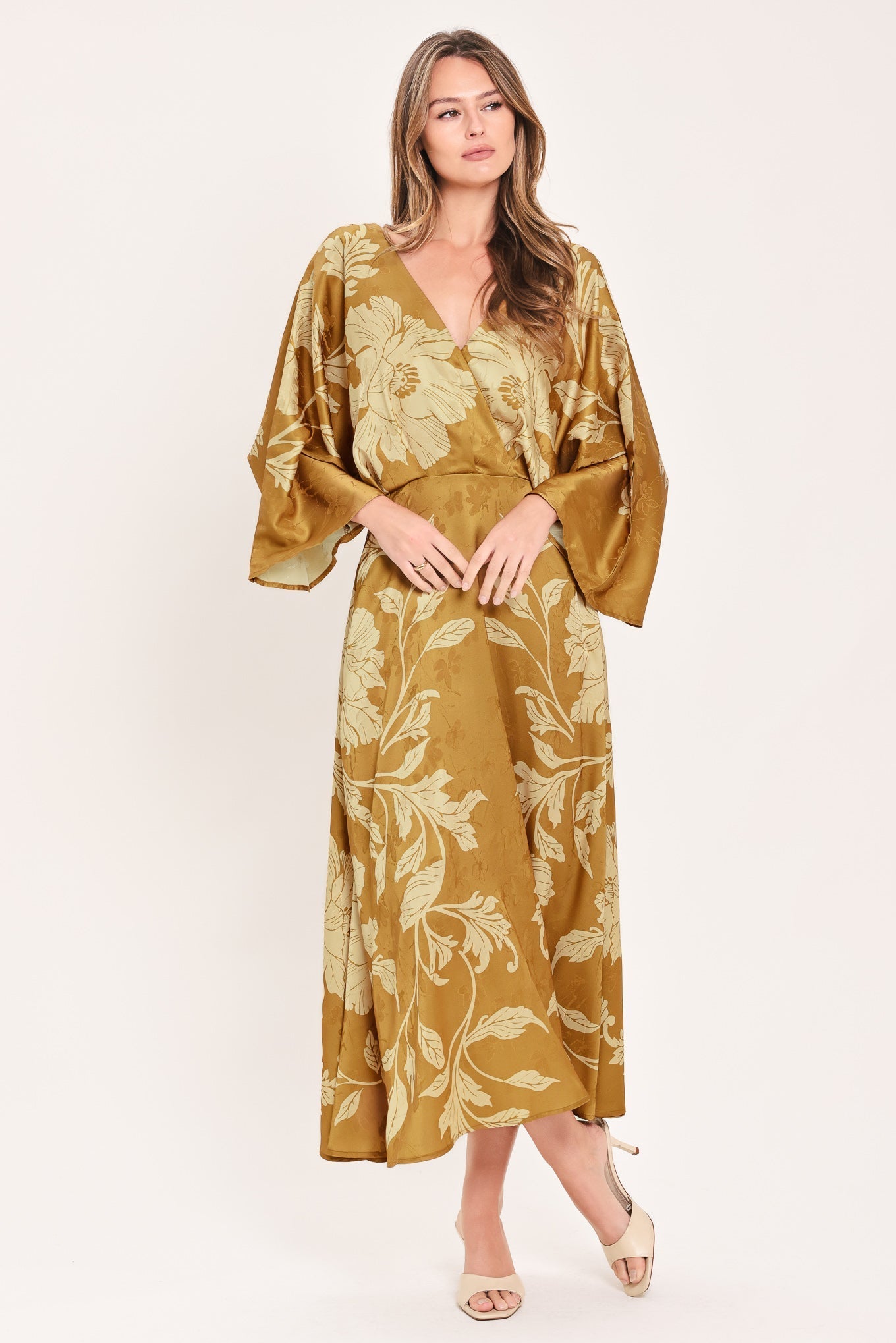 BUTTERSCOTCH BLOSSOM KIMONO SLEEVE MIDI DRESS