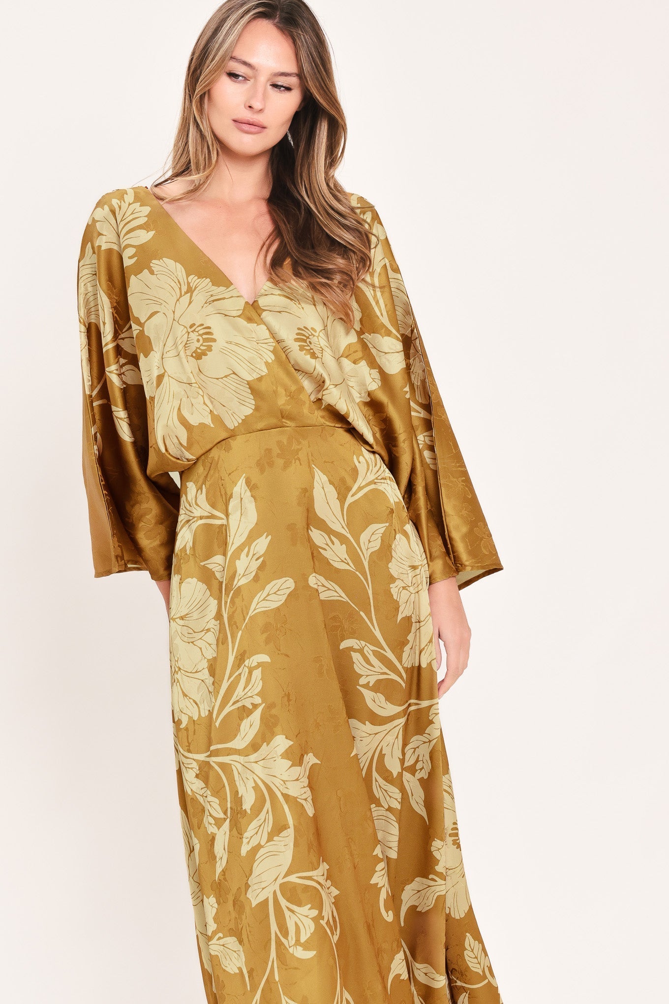BUTTERSCOTCH BLOSSOM KIMONO SLEEVE MIDI DRESS