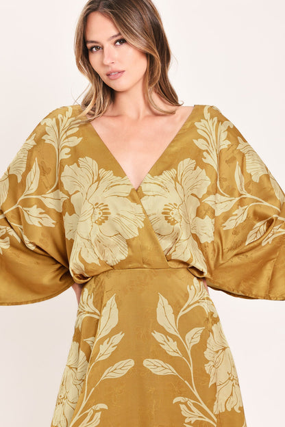 BUTTERSCOTCH BLOSSOM KIMONO SLEEVE MIDI DRESS