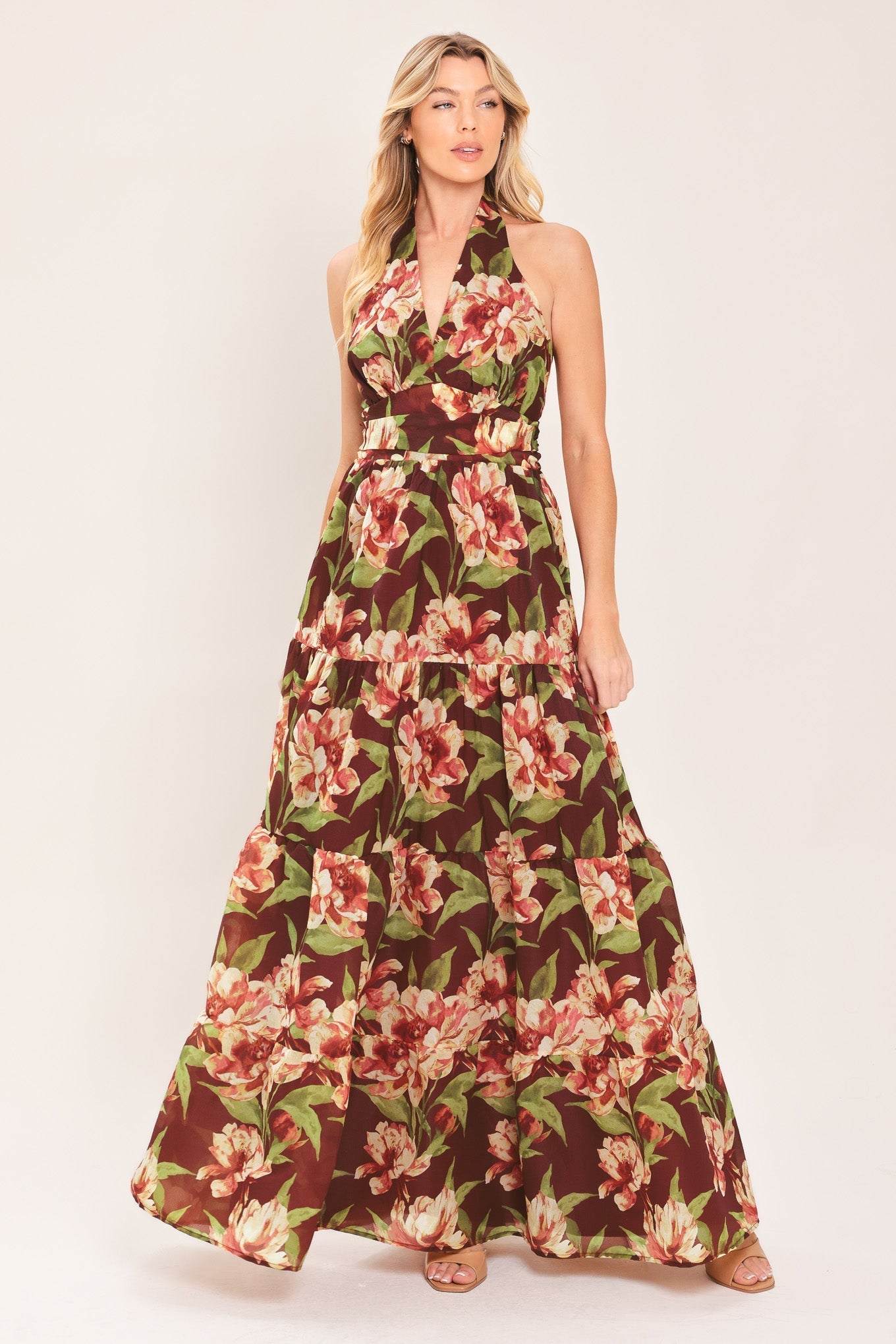 MERLOT MAGNOLIA FLORAL MAXI DRESS