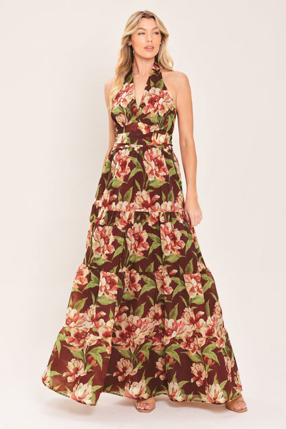 MERLOT MAGNOLIA FLORAL MAXI DRESS