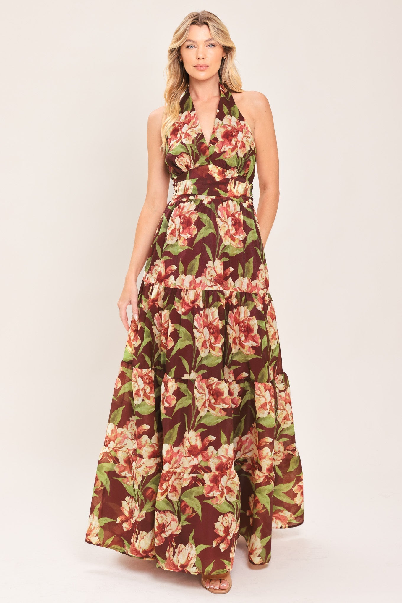 MERLOT MAGNOLIA FLORAL MAXI DRESS