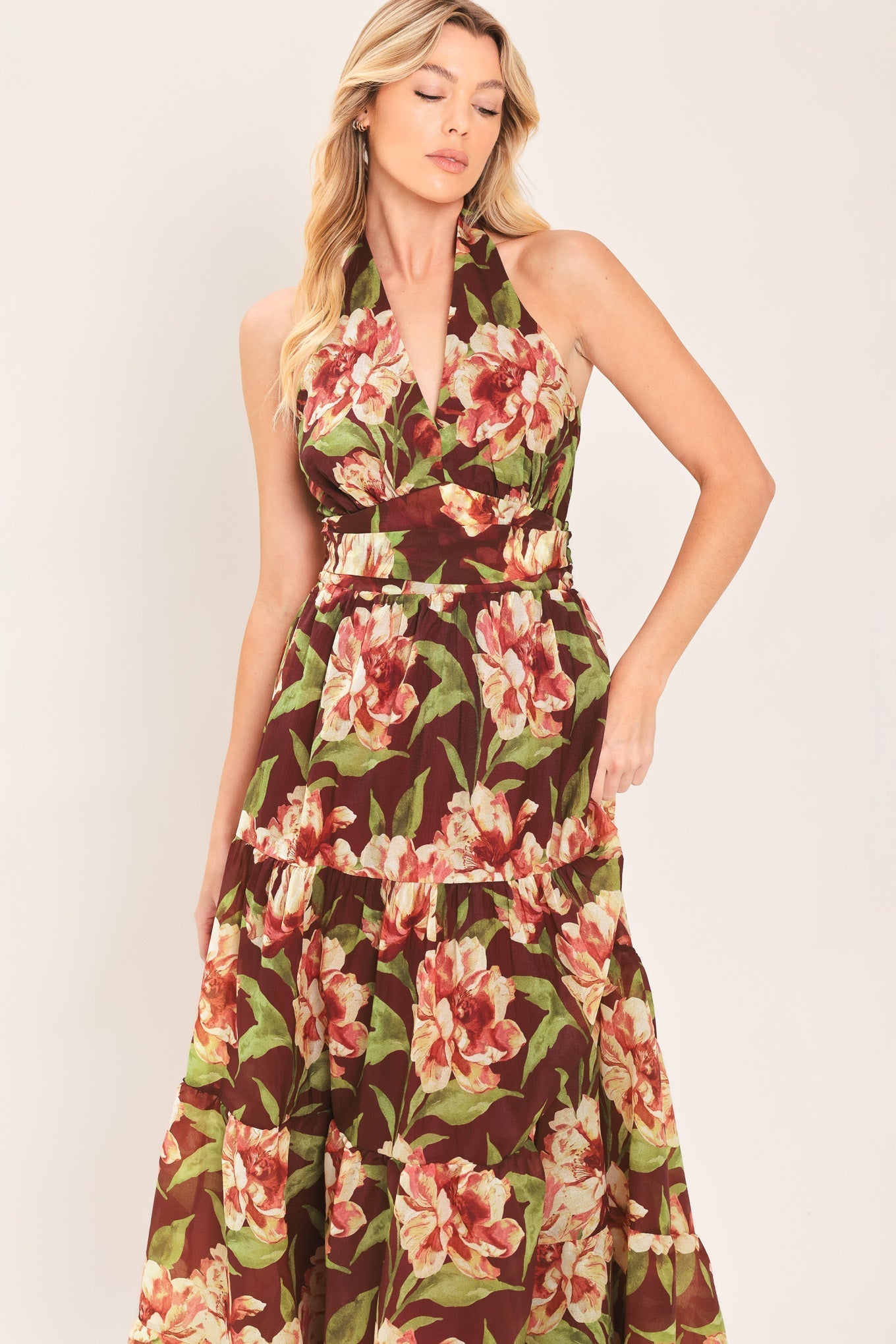 MERLOT MAGNOLIA FLORAL MAXI DRESS