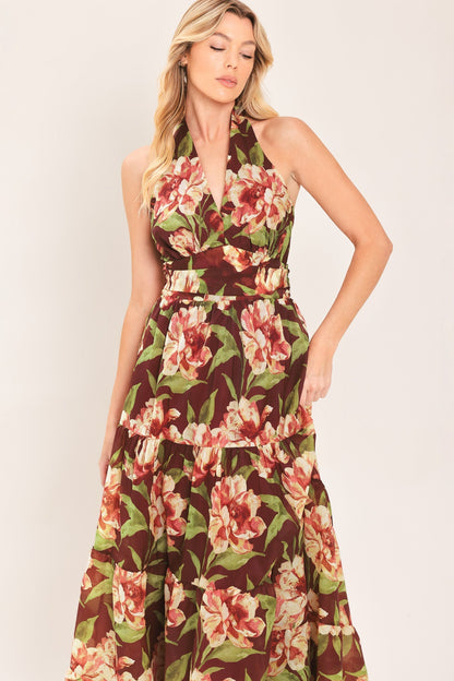 MERLOT MAGNOLIA FLORAL MAXI DRESS