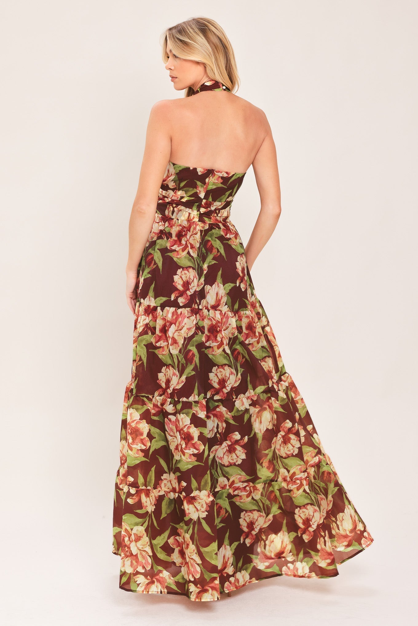 MERLOT MAGNOLIA FLORAL MAXI DRESS