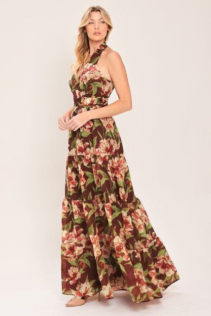 MERLOT MAGNOLIA FLORAL MAXI DRESS