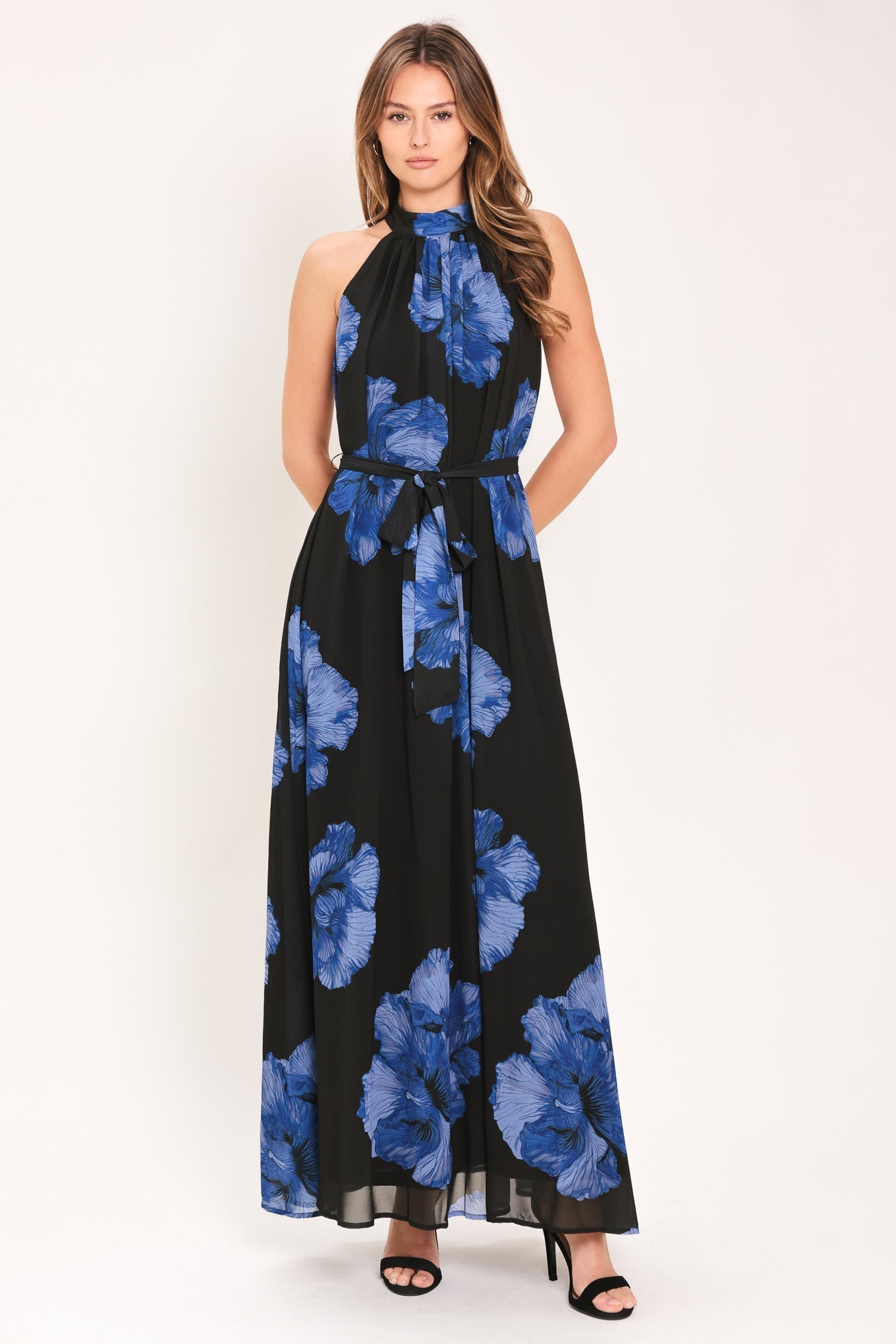 EVENING ORCHARD BLUE FLORAL HALTER MAXI DRESS