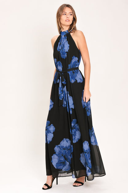 EVENING ORCHARD BLUE FLORAL HALTER MAXI DRESS