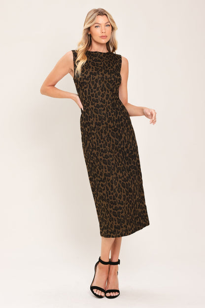 LEOPARD ICON BROWN TWILL MIDI DRESS FINAL