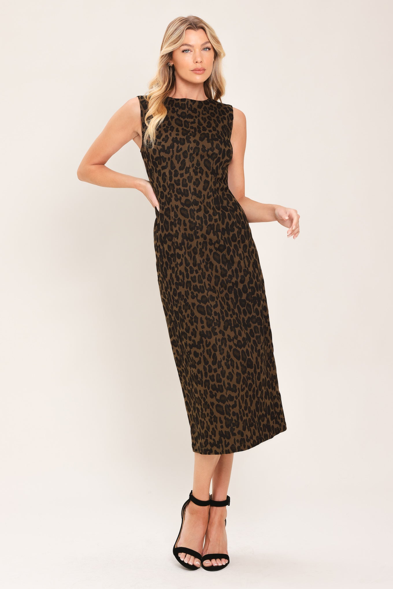 LEOPARD ICON BROWN TWILL MIDI DRESS