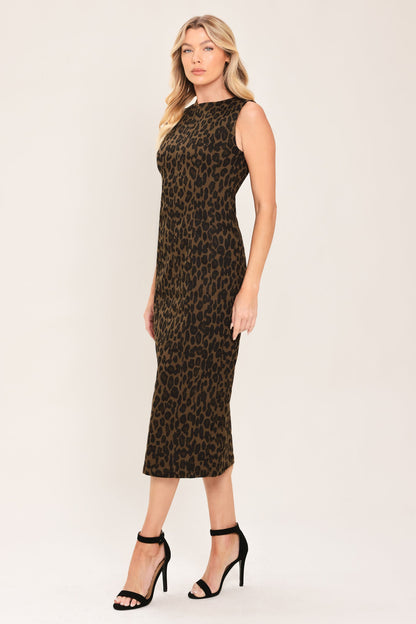 LEOPARD ICON BROWN TWILL MIDI DRESS