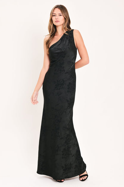 ROSE SOLSTICE ONE SHOULDER BLACK SATIN MAXI DRESS